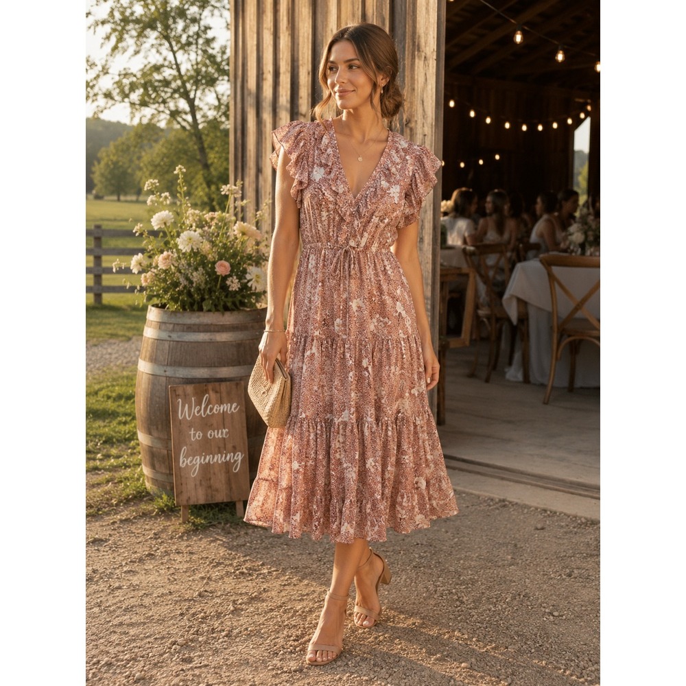 Ulla Johnson Romina Dress Sandalwood Floral Flutter Sleeve Tiered Midi Dress 0